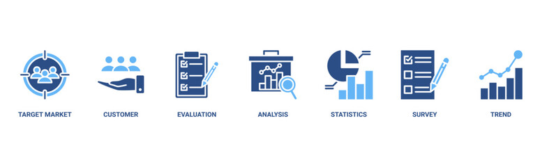 Fototapeta premium Market research banner web icon vector illustration concept with icon of target markets, customer, evaluation, analysis, statistics, survey and trend