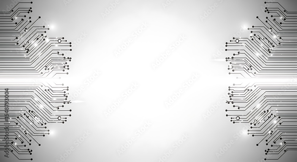 Poster abstract illustration of a circuit board pattern on either side of a white background, conveying tec