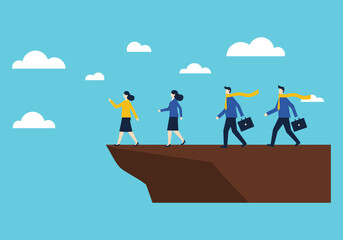 Business Journey: Team Walking Toward the Edge of a Cliff, Symbolizing Risk and Decision-Making/