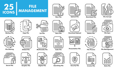 File Management Icon Set. Includes Delete, Copy, Cut, New, Save, Download, Upload, File Sync, File Sharing, Backup, Corrupt Files, and Multimedia. Perfect for digital workflow UI