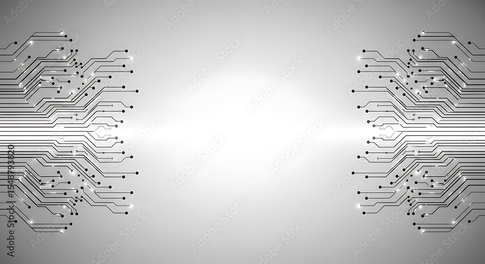Poster abstract illustration of a computer circuit board design with symmetrical lines and a bright center.
