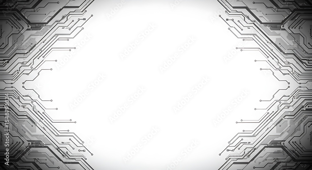 Poster abstract technological background with circuit board patterns framing a bright, empty central space.