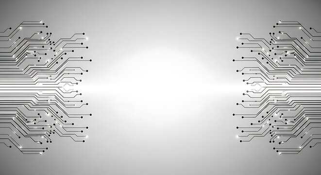 Abstract illustration of a computer circuit board design with symmetrical lines and a bright center.