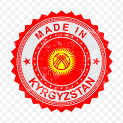 Vector illustration of round red stamp. Made in Kyrgyzstan on transparent background.