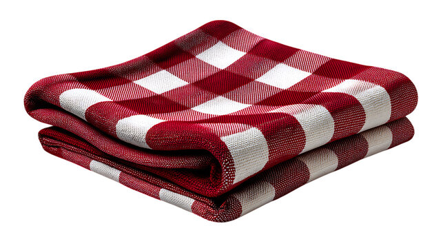 Folded red and white checkered picnic blanket isolated on transparent background
