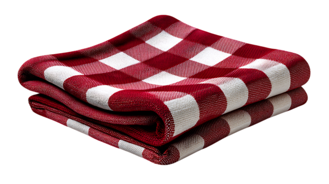 Folded red and white checkered picnic blanket isolated on transparent background
