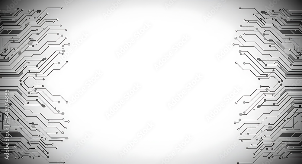 Poster abstract illustration featuring a symmetrical design of circuit board elements on a white background