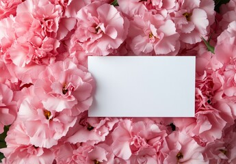 Blank White Card Amidst Soft Pink Flowers