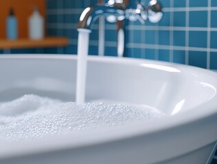 Close up Of Bubbly Bathwater In A White Tub With Chrome Faucet And Teal Tiles