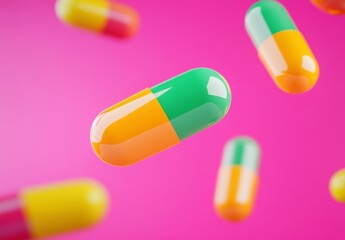 Colorful Capsules Floating On Pink Background