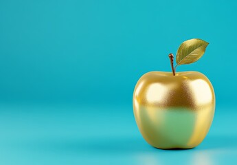 Golden Apple on Teal Background Shiny Metallic Fruit Still Life