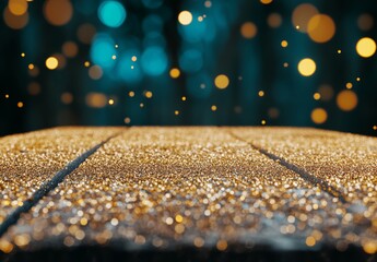 Golden Glitter on Dark Wood with Teal and Gold Bokeh