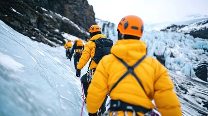 A group of climbers in yellow jackets ascend a snowy, icy mountain slope, roped together and wearing helmets for safety.