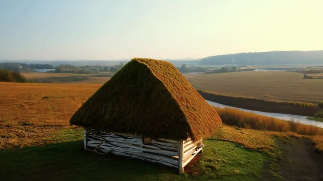 Traditional rural hut with thick thatched roof standing alone in wide sunlit fields under blue sky. Concept of countryside simplicity and heritage