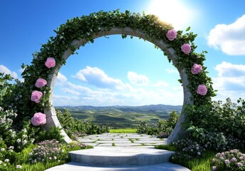 Stone Archway With Pink Flowers And Lush Greenery Overlooking Scenic Landscape