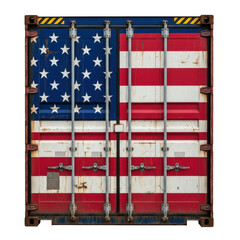 Front view of a weathered shipping container door painted with the american flag, symbolizing global trade, logistics, and us economic influence.