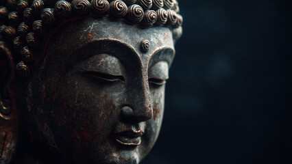 Antique bronze Buddha statue on black background
