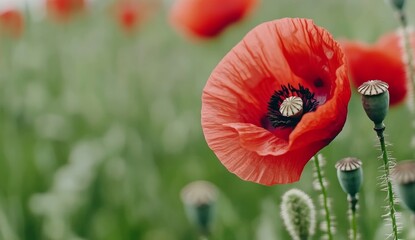 Vibrant Red Flower in a Green Field