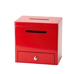 A red donation box with a slot on top and a drawer at the bottom. Ideal for fundraising, charities, or collecting suggestions.