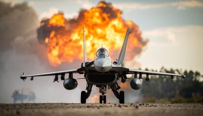 Close-up photo of a battle jet with a blurred explosion background