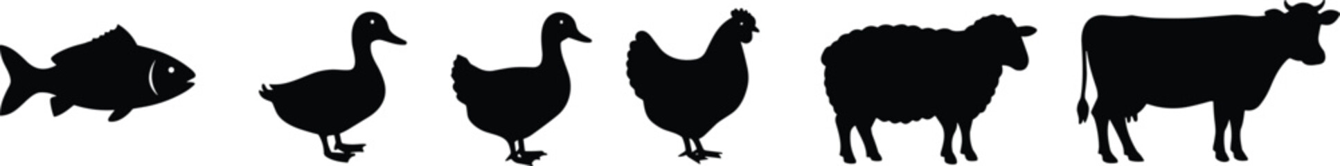 Farm Animal Silhouettes Including Fish, Duck, Chicken, Sheep, and Cow, Minimal Vector Icons in Black for Agriculture, Butcher, Farming, and Educational Design Concepts