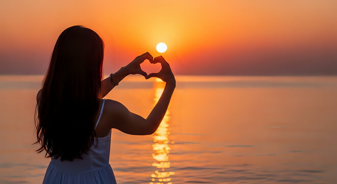 Serene Sunset Silhouette of Woman Forming Heart Shape with Hands at Ocean Beach during Golden Hour