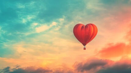 Obraz premium A heart-shaped hot air balloon floating in a dreamy, colorful sky 