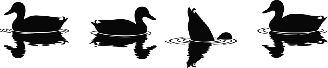 Collection of Duck Silhouettes Swimming and Diving with Water Ripples and Reflections, Wildlife Vector Illustration for Nature, Lake Scene, Animal Icon, Graphic Design Use