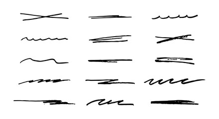 Grunge black strike through and underline elements. Set of hand drawn pencil lines and strokes on a white background. Doodle vector graphic elements. Typography ink brush lines. Crosses and  strokes