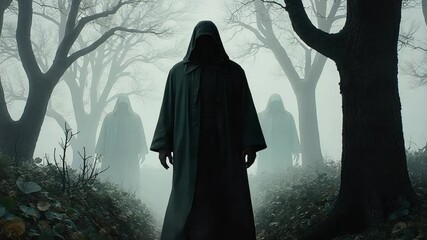 Mysterious hooded figures in a foggy forest landscape evoke suspense