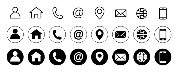 Business card icon set. Containing contact information, name, address, phone, e-mail, location, website, telephone, mail and more. Vector illustration.