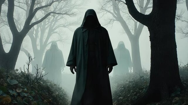 Mysterious hooded figures in a foggy forest landscape evoke suspense
