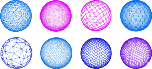 Futuristic 3D spheres in neon colors, from points, polygonal lines, wireframe. Universal Sci-fi Spheres, 3D earth globe, balls, geometric shapes. Science fiction, round futuristic balls. Vector set.