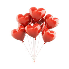 A cluster of glossy red heart-shaped balloons against transparent background.