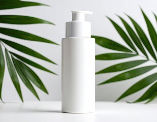 Blank cosmetic pump bottle against lush green leaves
