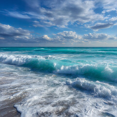 Fototapeta premium Turquoise ocean waves meet a bright blue sky filled with fluffy clouds. 