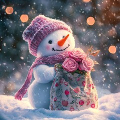 Christmas happy snowman on snow in winter. Holiday background