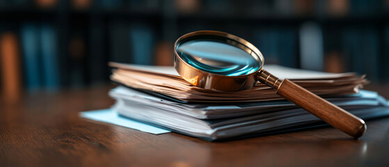 Magnifying Glass on Stacked Papers in Office Setting with Blurred Background Focus