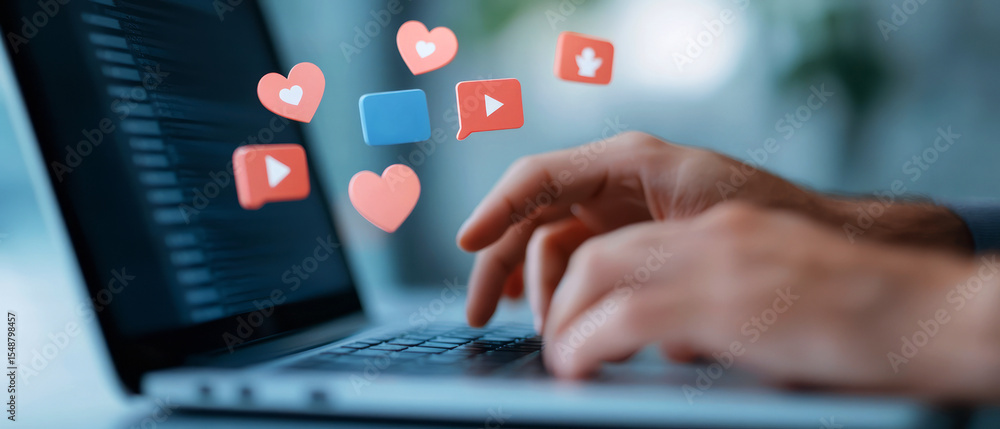 Poster engaging with social media icons while typing on a laptop keyboard in modern workspace