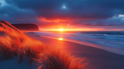 Obraz premium Dramatic sunset paints the sky with fiery orange and deep blue hues over a coastal landscape with golden grass dunes