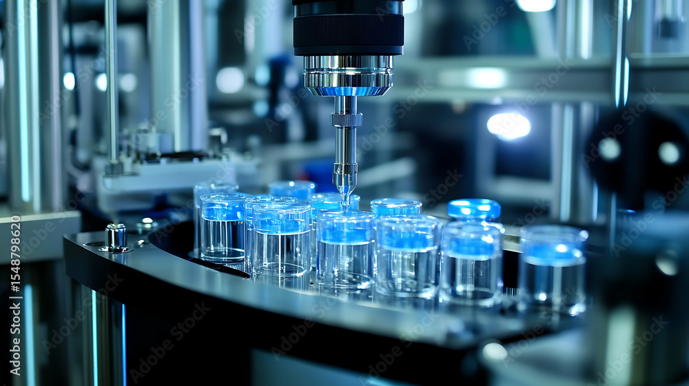 Poster a machine is filling up a row of blue and clear glass bottles. the bottles are lined up in a row and