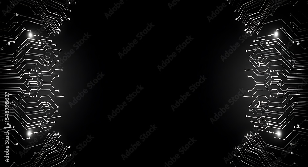 Poster symmetrical view of illuminated circuit board patterns framing a dark void.