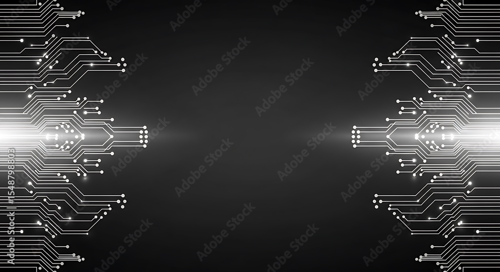 Poster symmetrical abstract design featuring circuit board patterns with bright light emanating from the ce