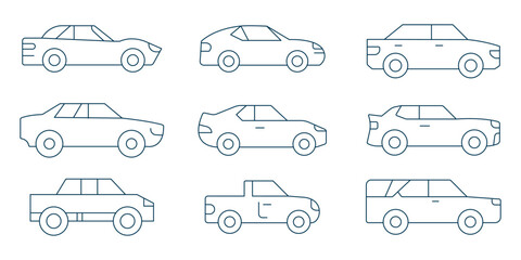 Outline car icon. Set of Side View Car Icons Collection of Black Sedan and Coupe Vehicles. Sport car icon set, racing car icon. sport car line icon. racing car, sport car, Black silhouette of race car