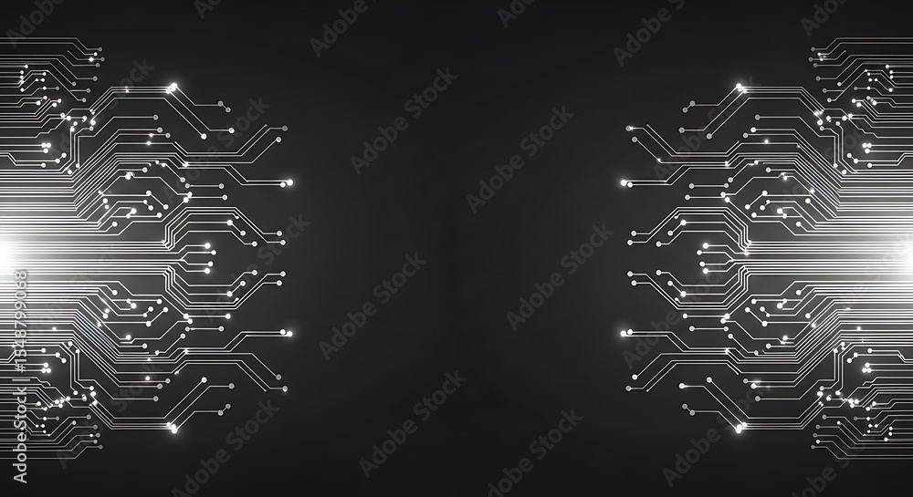Poster abstract digital circuitry design with glowing central pathways, mirroring symmetrical patterns on a