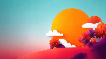 A vibrant digital landscape featuring stylized red and purple trees, fluffy clouds, and a large...