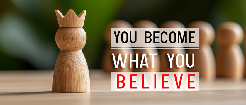 Wooden figure with crown and motivational quote about belief and personal growth on table