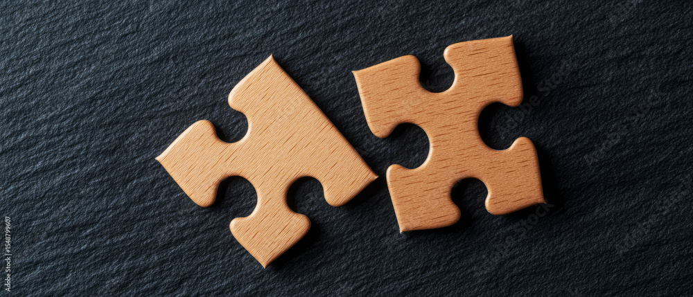 Poster wooden puzzle pieces on black slate background creating connection symbolism in problem solving