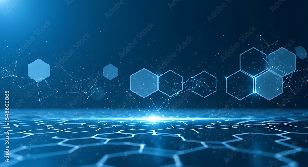 Poster abstract digital graphic design featuring interconnected hexagons and glowing elements.
