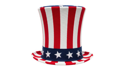A classic uncle sam style top hat featuring red and white stripes with a blue band adorned with white stars, perfect for national holidays.
